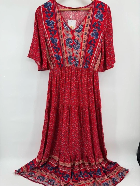 PRETTYGARDEN Women's Boho Floral Print Dress V Neck Maxi Dress Women's Med NWT - Picture 2 of 8